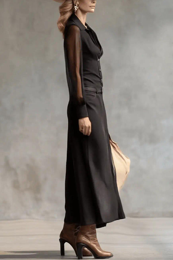 Fashionable Sheer Long-sleeved Casual Button-down Maxi Dress