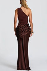 Stylish One-shoulder Sleeveless Satin Draped Slim-fit Maxi Dress