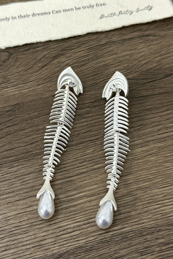 Personalized Fishbone Diamond Pearl Pendant Earrings