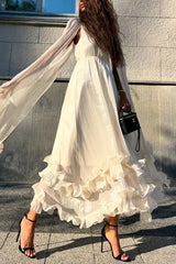 Fashionable V-neck Lace-up Ruffled Double-layer Hem Maxi Dress