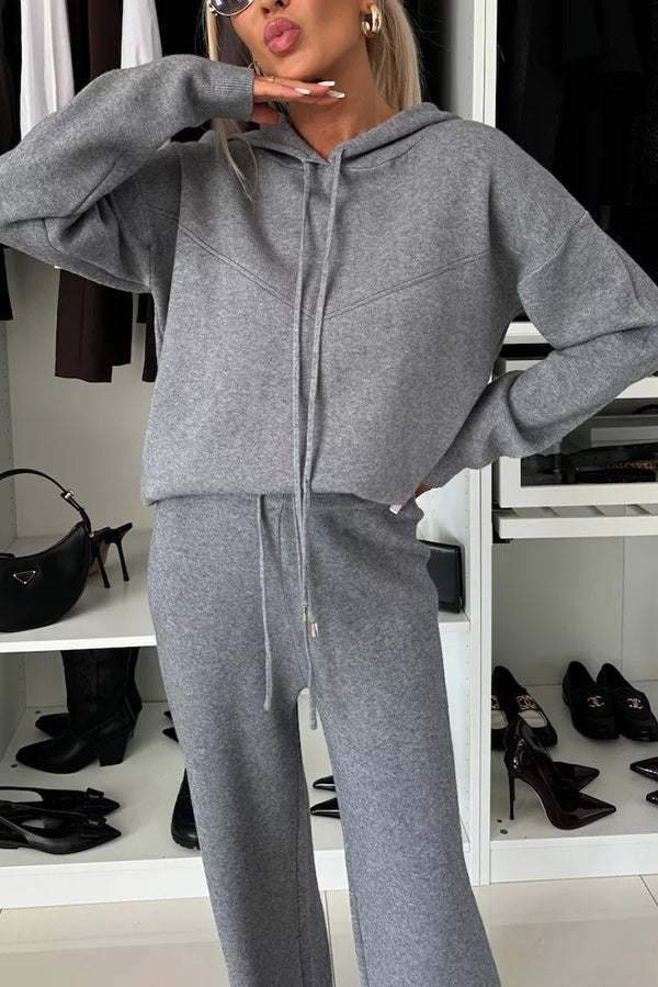 Solid Color Loose Hooded Tie Sweatshirt and Elastic Waist Casual Straight Pants Set
