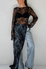 Sexy Openwork Lace Long-sleeved Asymmetrical Casual Top