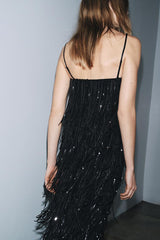 Chic Celebration Layered Sequined Tassels Slip Strapless H-line Midi Dress