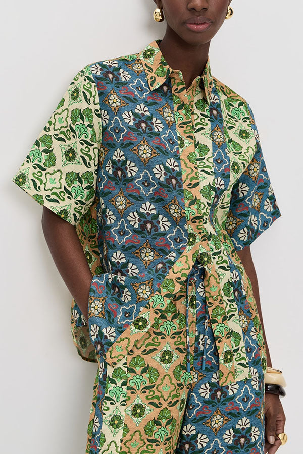 Colorblock Linen Blend Floral Print Short Sleeve Loose Blouse and Elastic Waist Pocket Wide Leg Pants Set