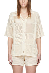 Solid Color Casual Cutout Button Shirt and Elastic Waist Drawstring Shorts Set