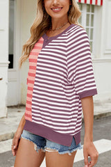 Striped Color Block Print Crew Neck Short Sleeve Loose Top