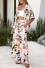 Holiday Style Holiday Print Casual Short-sleeved Shirt and Elastic Waist Loose Pocket Wide-leg Pants Set