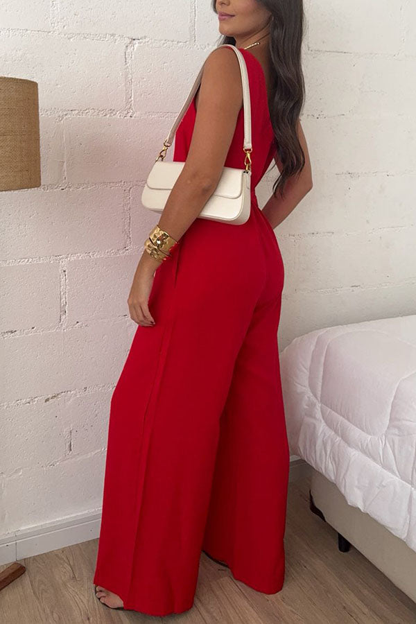 Elaris Linen Blend V-neck Tie-up Waist Pocketed H-line Wide Leg Jumpsuit