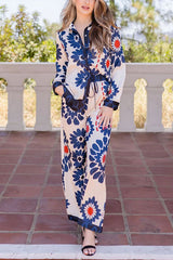 Unique Printed Lapel Long-sleeved Loose Shirt and Casual Pocket Wide-leg Pants Set