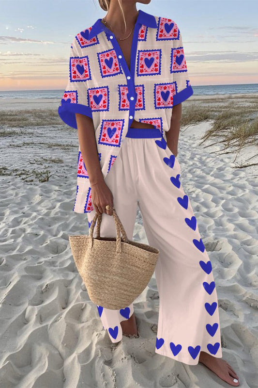 Purple Heart-print Oversized Shirt and Elastic Waist Pocket Pants Set