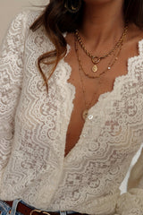 Fashionable Openwork Lace Long-sleeved V-neck Elegant Shirt