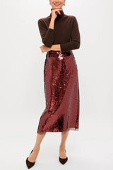 Upper East Chic Sequin Mesh Trim High Rise Slit Pencil Midi Skirt