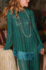 Relaxing Time Knit Zigzag Pattern Tassel Trim Slit Top and Wide Leg Pants Set