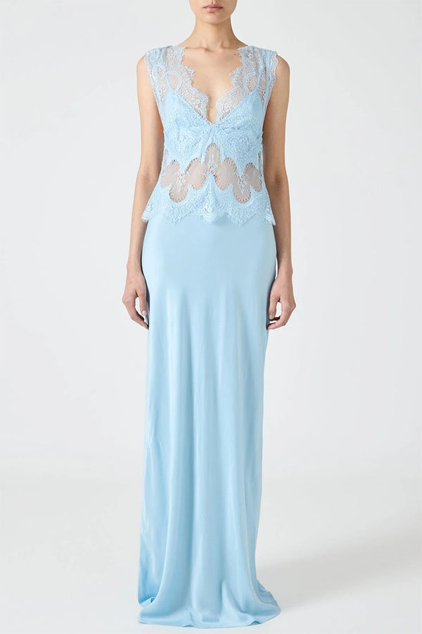 Effortless Elegance Satin Sheer Lace Patchwork V-neck Drape Maxi Dress