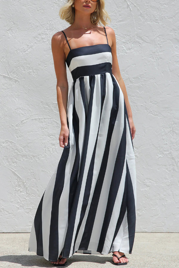 Color-blocked Striped Print Square Neck Suspender Casual Pocket Maxi Dress
