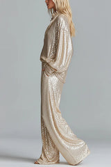 Glamorous Day Sequin Half Zip Loose Shirt and Elastic Waist Pocket Wide Leg Pants Set