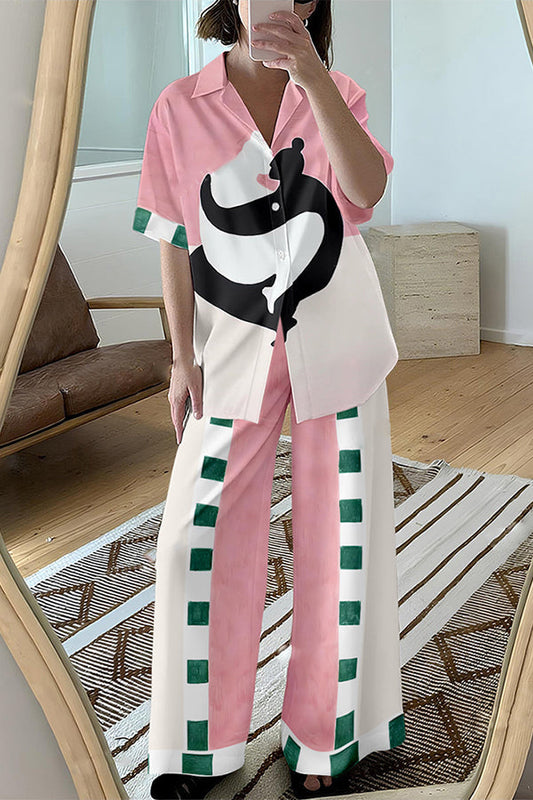 Art Embrace Print Oversized Blouse and Elastic Waist Pocketed Pants Set