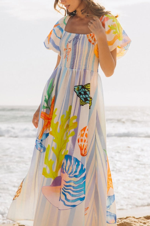 Marine Creature Print Square Neck Puff Sleeve Pleated Casual Pocket Maxi Dress