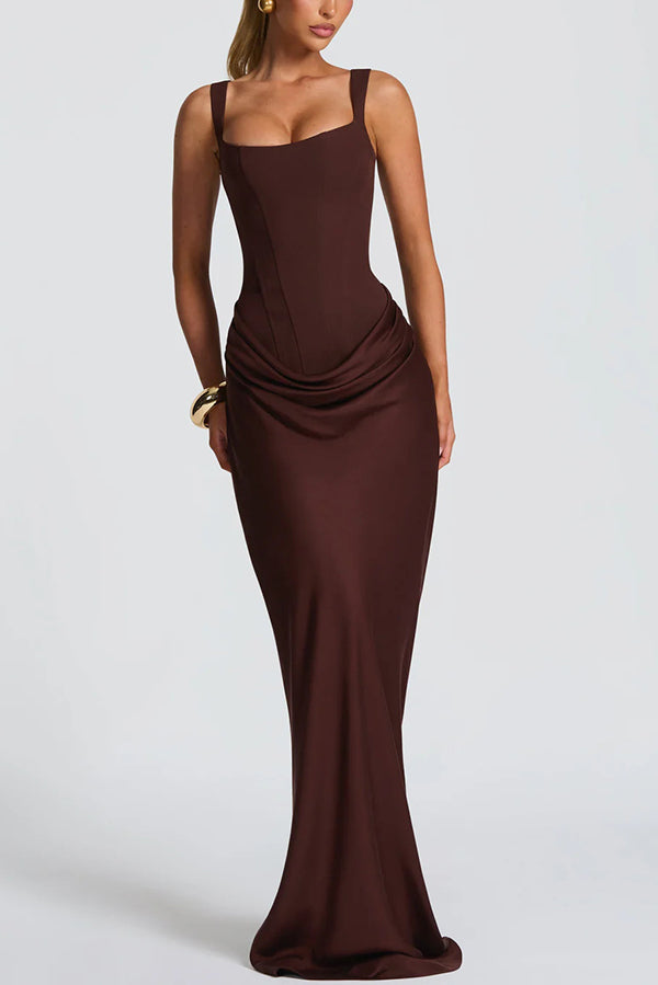Larrah Square Neck Back Lace-up Satin Drape Hem Maxi Dress