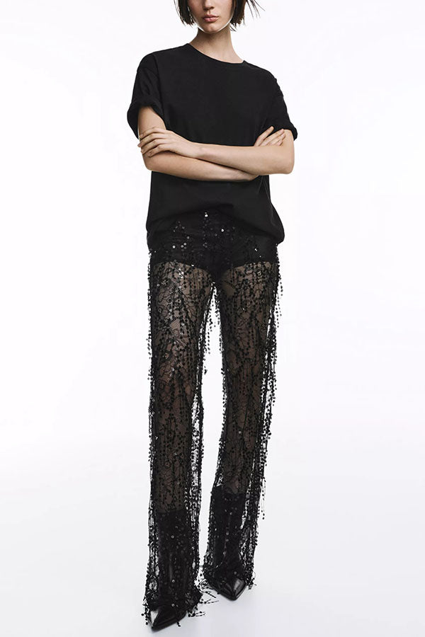 Yulissa Layered Sequin Tassels Mid Rise Stretch Wst Wide Leg Pants