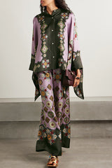 Satin Unique Print Loose Batwing Sleeve Top and Elastic Waist Pocket Casual Wide-leg Pants Set