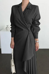 Elegant Long-sleeved Lapel Waisted Pleated Maxi Dress
