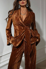 Solid Color Velvet Pleated Long-sleeved Tie Top and Casual Pocket Straight-leg Pants Set