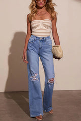 Fashion Raw Edge Ripped Casual Pocket Stretch Straight Jeans