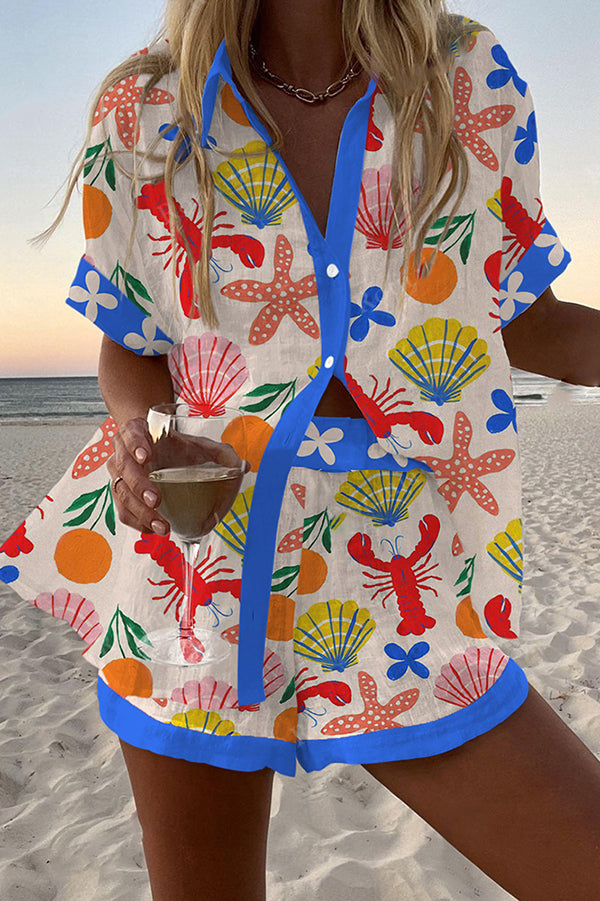 Cartoon Pattern Print Loose Button Elastic Waist Shorts Set