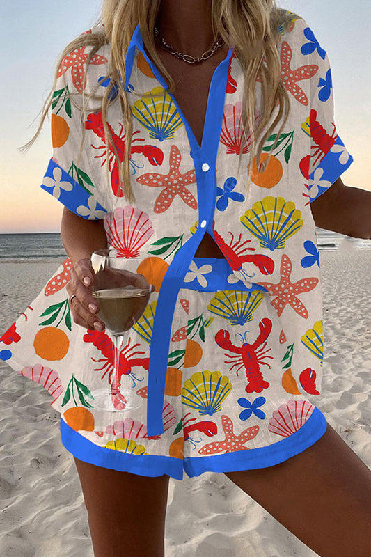 Cartoon Pattern Print Loose Button Elastic Waist Shorts Set