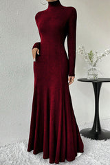 Solid Color High-neck Long-sleeved Slim-fit Fishtail Elegant Maxi Dress