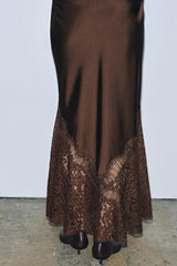 Cozy Sweet Darling Satin Lace Patchwork Mid Rise Slit Maxi Skirt