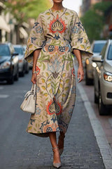 Unique Print Batwing Sleeve Waisted Casual Midi Dress