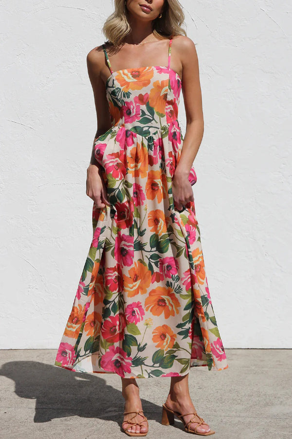 Floral Print Sleeveless Square Neck Casual Holiday Midi Dress