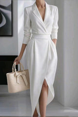 Solid Color Lapel Long Sleeve Slim Irregular Midi Dress