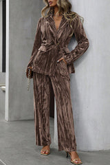 Solid Color Velvet Loose Long-sleeved Top and Elastic Waist Pocket Casual Straight-leg Pants Set
