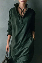 Solid Color Loose Suede Long-sleeved Casual Midi Dress
