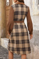 Retro Plaid Patchwork Casual Belt Workplace Style Midi Dress