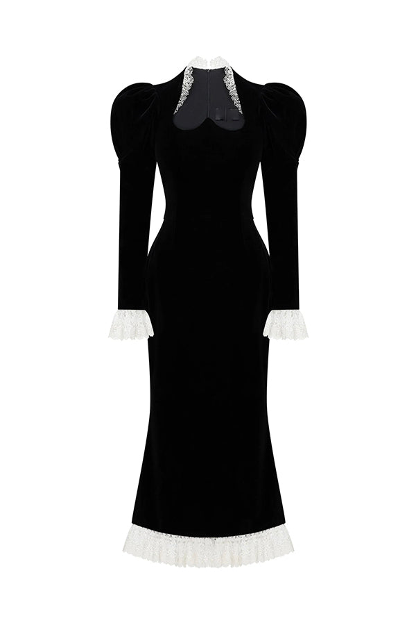 Baroque Style Velvet Lace Trim Sweetheart Neck Long Sleeve Flare Midi Dress