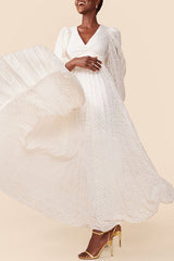 Wedding Guests Pleated Textured Chiffon Fabric Balloon Sleeve Open Back Maxi Dress