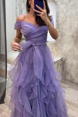 Pretty First Impression Tulle Off Shoulder Tiered Ruffle Evening Maxi Dress
