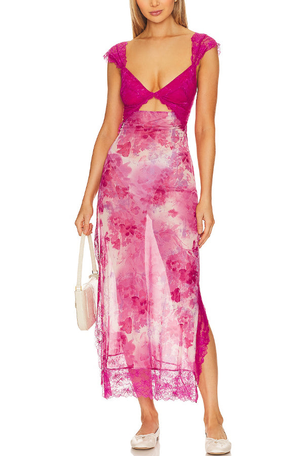 Floral Print Lace Patchwork Hollow-out Slim-fit Midi Dress