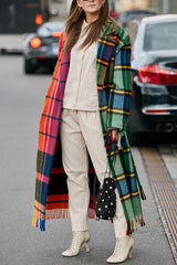 Fashionable Color-block Plaid Print Lapel Long-sleeved Casual Long Coat
