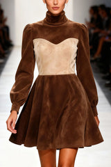 Stylish Suede Color-blocked Turtleneck Long-sleeved Mini Dress