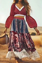 Unique Printed V-neck Long-sleeved Cropped Top and High-waisted Spliced maxi Skirt Set