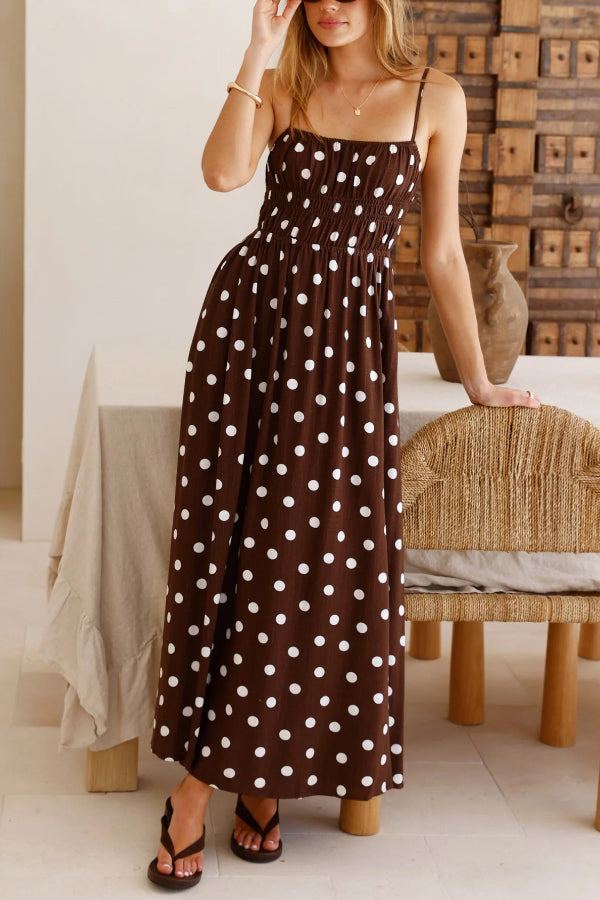Polka Dot Print Square Neckline Fitted Waist Pleated Maxi Dress