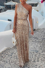 Santorini Night Sequin Fabric One Shoulder Slit Maxi Dress