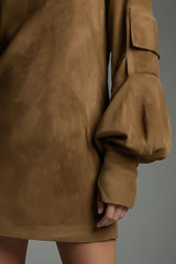 Stylish Suede High-Neck Long-Sleeved Casual Pocket Mini Dress