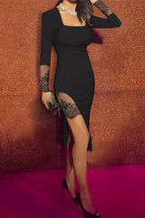 Sexy Lace Paneled Square Neck Slim-fit Slit Midi Dress