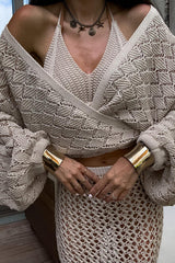 Fashion Front Cross Loose Lantern Sleeve Knitted Top